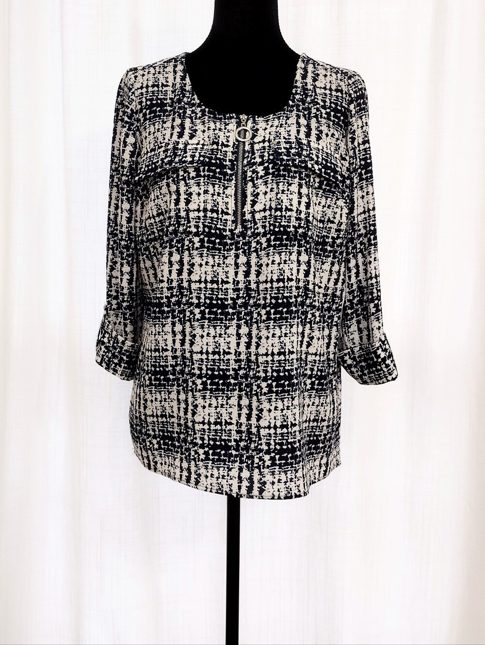 Cathy SzS Womens Nevy Blue & White Patterned Long Sleeve Tunic Top